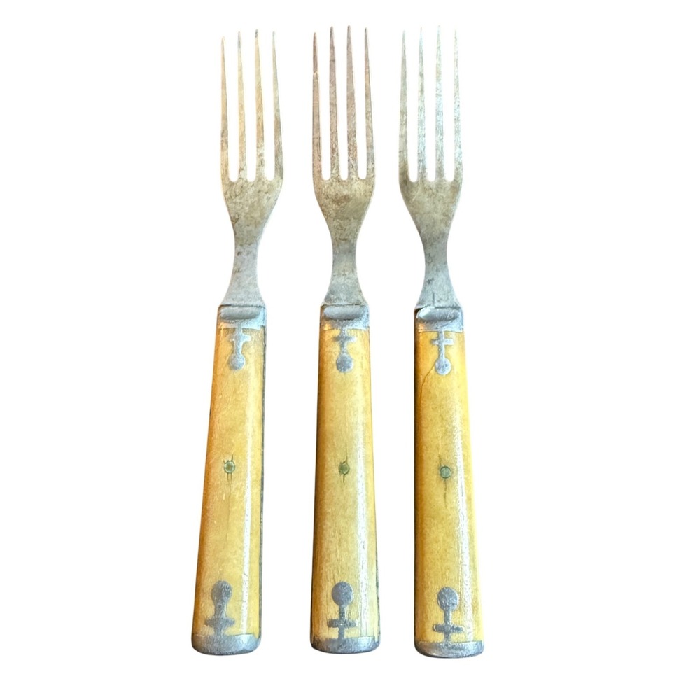 Antique Primitive Bone Handle Forks Set of 3 Pewter Inlay Rustic Flatware 7.25"